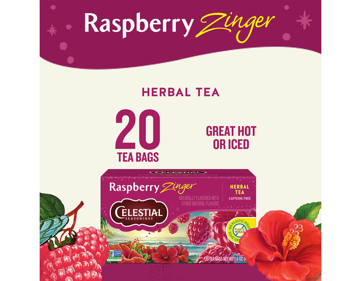 Raspberry Zinger Herbal Tea; Raspberry Zinger
HERBAL TEA
20 TEA BAGS
GREAT HOT OR ICED