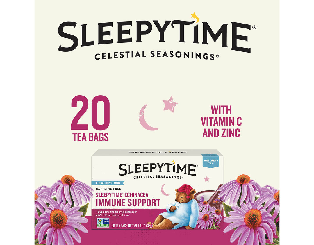 Sleepytime Echinacea Immune Support; SLEEPYTIME®
CELESTIAL SEASONINGS®
20 TEA BAGS
WITH VITAMIN C AND ZINC