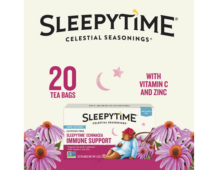 Sleepytime Echinacea Immune Support; SLEEPYTIME®
CELESTIAL SEASONINGS®
20 TEA BAGS
WITH VITAMIN C AND ZINC