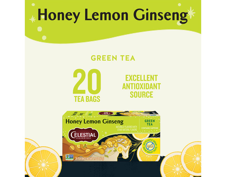 Honey Lemon Ginseng Green Tea; Honey Lemon Ginseng
GREEN TEA
20 TEA BAGS
EXCELLENT ANTIOXIDANT
SOURCE