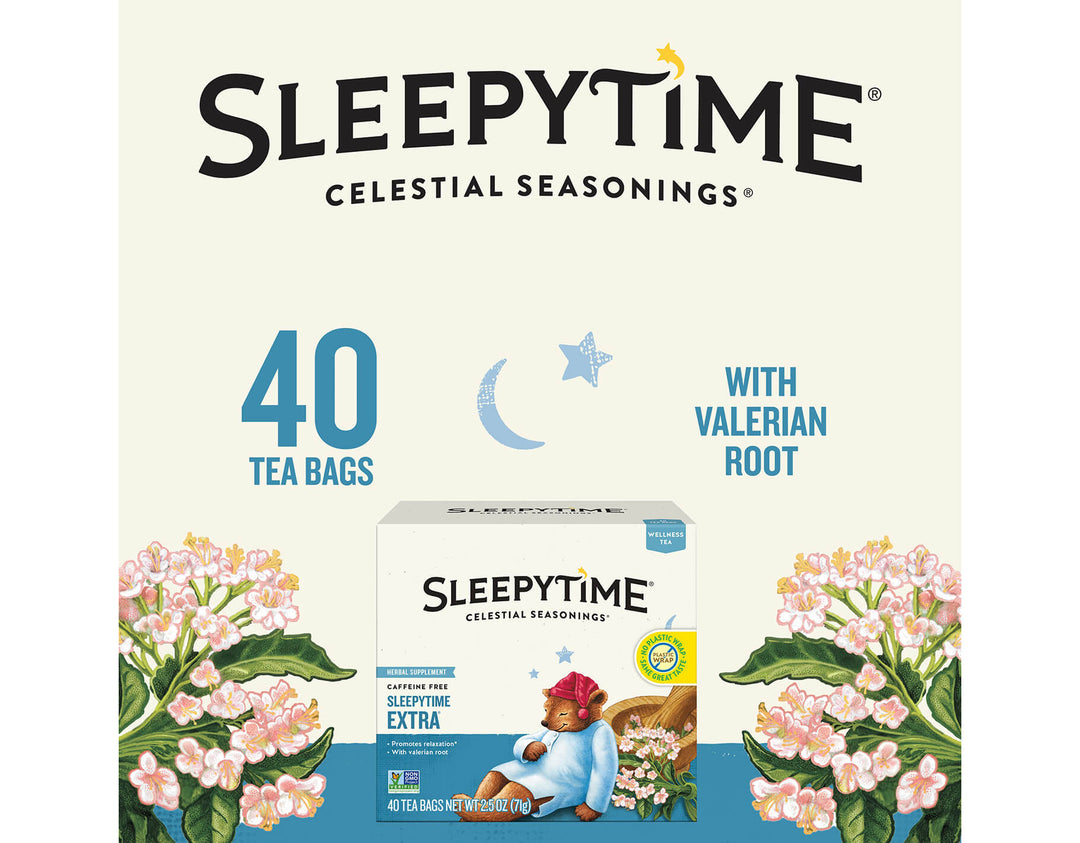 Sleepytime Extra Wellness Tea, 40 ct; SLEEPYTIME®
CELESTIAL SEASONINGS®
40 TEA BAGS
WITH VALERIAN
ROOT
