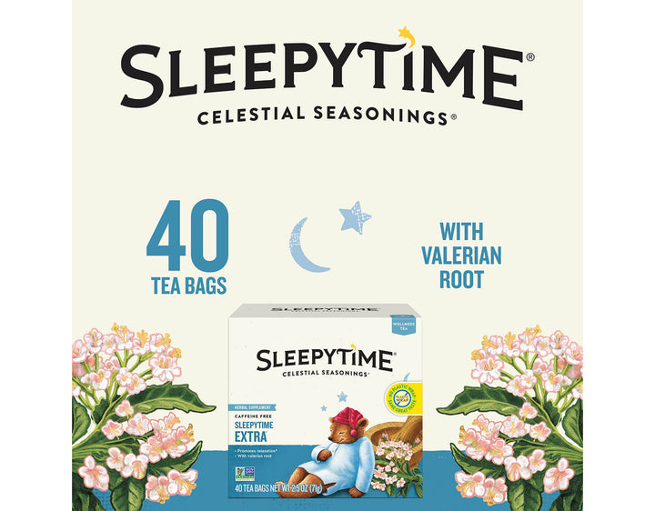 Sleepytime Extra Wellness Tea, 40 ct; SLEEPYTIME®
CELESTIAL SEASONINGS®
40 TEA BAGS
WITH VALERIAN
ROOT