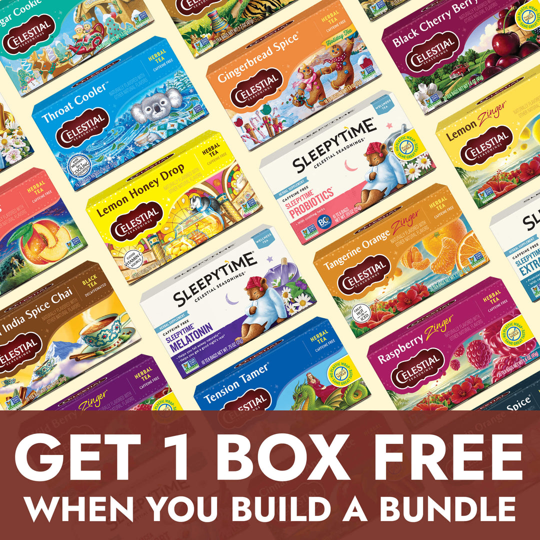 Text: "Get 1 Box Free When You Build a Bundle." Assorted Celestial Seasonings tea boxes displayed in a colorful grid. Includes flavors like Sleepytime, Gingerbread Spice, and more. 