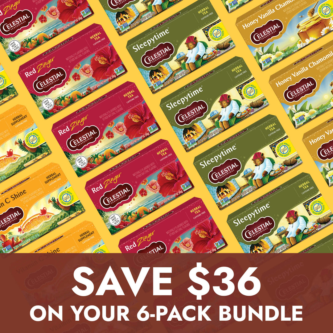 Bold text below reads "Save $36 on your 6-pack bundle." A display of various Celestial Seasonings tea boxes arranged in a grid on a bright yellow background. 