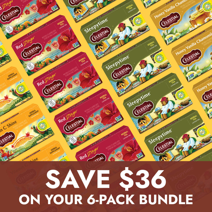 Bold text below reads "Save $36 on your 6-pack bundle." A display of various Celestial Seasonings tea boxes arranged in a grid on a bright yellow background. 