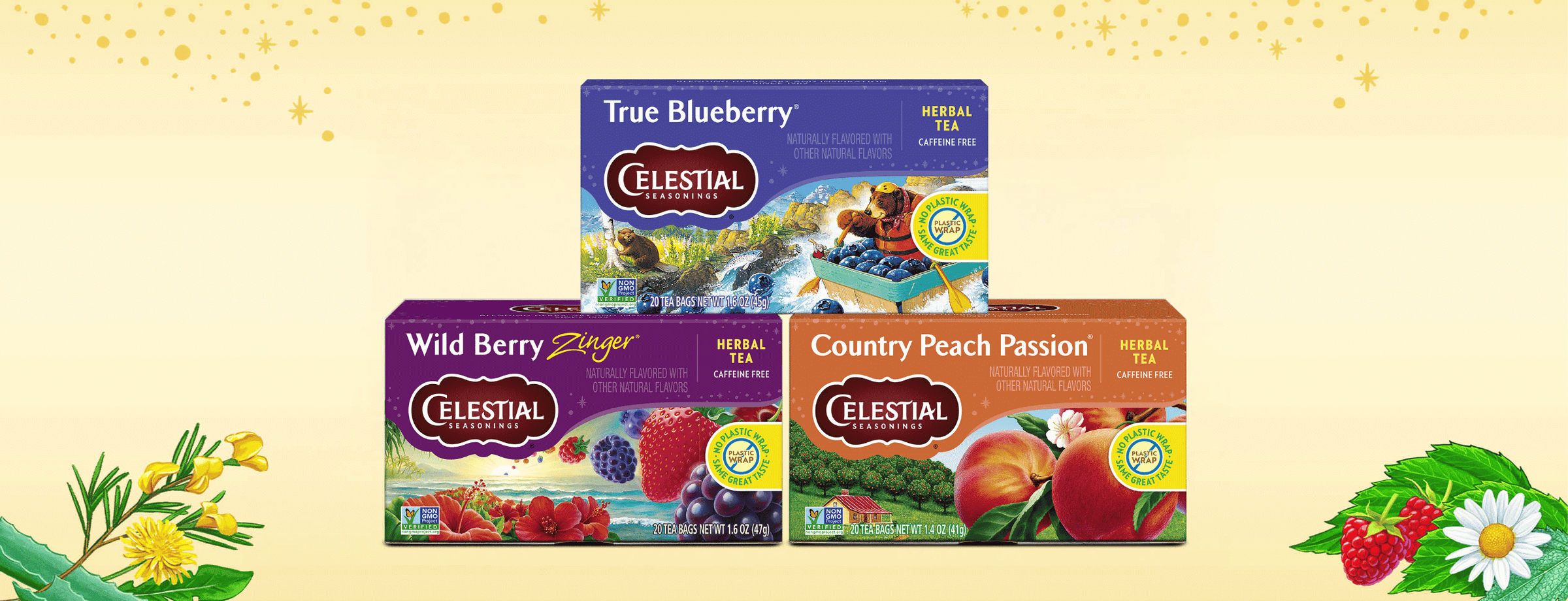 Celestial Seasonings tea packages on a light yellow background with decorative elements.