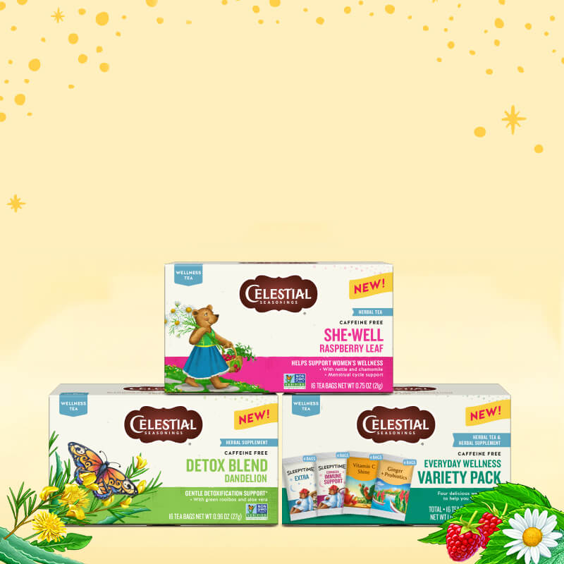 Celestial Seasonings tea boxes on a yellow background with decorative elements