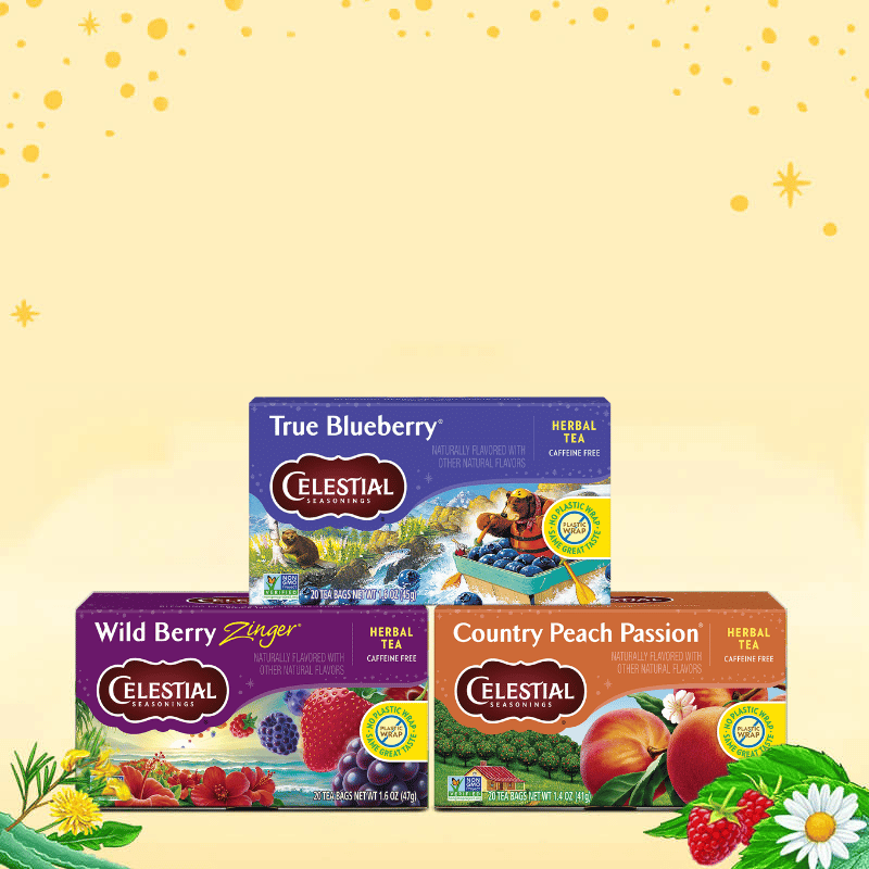 Celestial Seasonings tea boxes on a yellow background with decorative elements