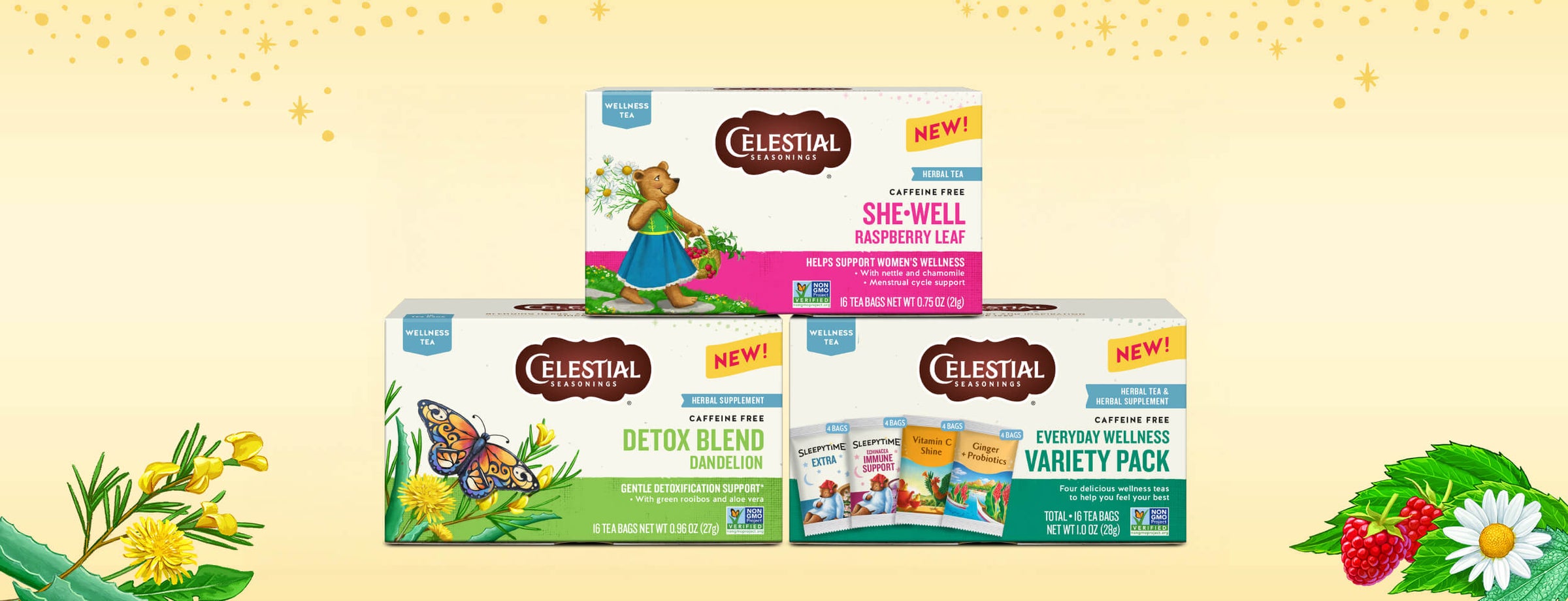 Celestial Seasonings tea boxes on a light yellow background with floral elements.