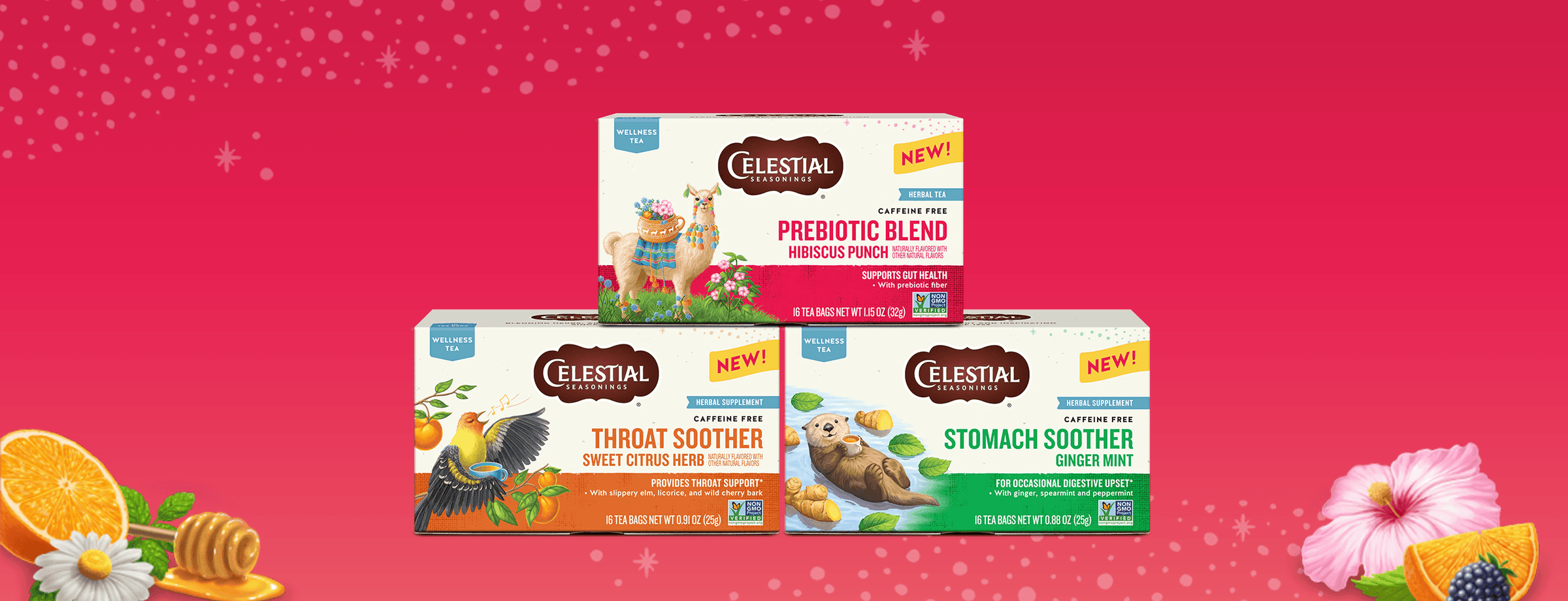 Celestial Seasonings Wellness Tea collection featuring Prebiotic Blend Hibiscus Punch, Throat Soother Sweet Citrus Herb, and Stomach Soother Ginger Mint herbal teas with citrus, honey, hibiscus, and ginger illustrations.