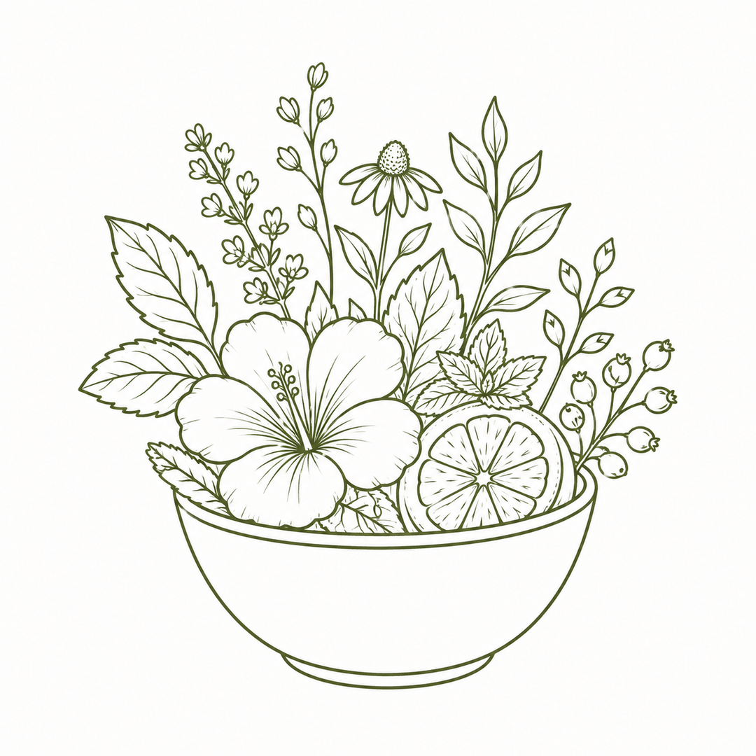 An illustration of herbal tea blends in a bowl, featuring a large hibiscus flower, a sliced citrus fruit, and various herbs, rendered in dark olive green outlines 