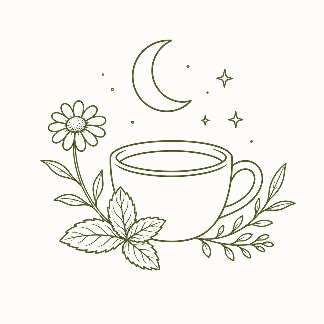 An illustration featuring a white coffee cup surrounded by green leaves, a daisy flower, a crescent moon, and small stars on a solid white background.