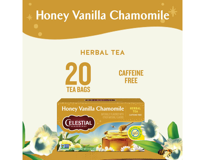 Honey Vanilla Chamomile Herbal Tea; Honey Vanilla Chamomile
HERBAL TEA
20 TEA BAGS
CAFFEINE FREE
