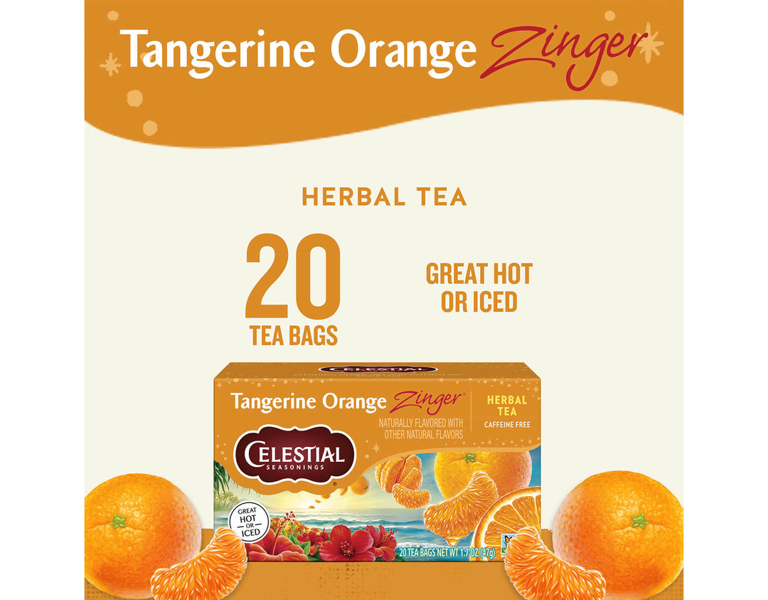 Tangerine Orange Zinger Herbal Tea; Tangerine Orange Zinger:
HERBAL TEA
20 TEA BAGS
GREAT HOT OR ICED