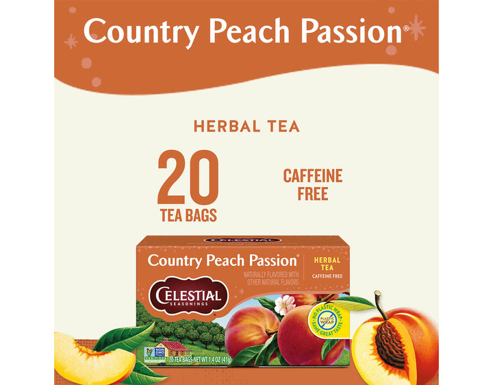 Country Peach Passion Herbal Tea; Country Peach Passion®
HERBAL TEA
20 TEA BAGS
CAFFEINE FREE