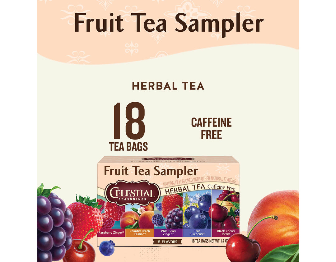 Fruit Tea Sampler; Fruit Tea Sampler
HERBAL TEA
18 TEA BAGS
CAFFEINE FREE