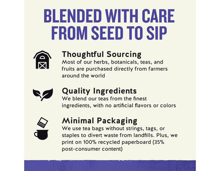 True Blueberry Tea; BLENDED WITH CARE FROM SEED TO SIP
Thoughtful Sourcing
Most of our herbs, botanicals, teas, and fruits are purchased directly from farmers around the world
Quality Ingredients
We blend our teas from the finest ingredients, with no artificial flavors or colors
Minimal Packaging
We use tea bags without strings, tags, or staples to divert waste from landfills. Plus, we print on 100% recycled paperboard (35% post-consumer content)