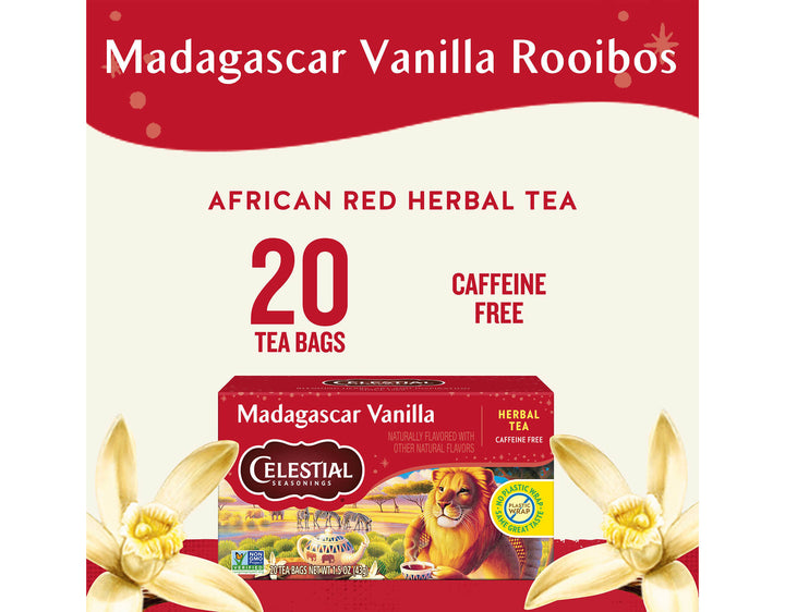 Madagascar Vanilla Herbal Tea; Madagascar Vanilla Rooibos
AFRICAN RED HERBAL TEA
20 TEA BAGS
CAFFEINE FREE