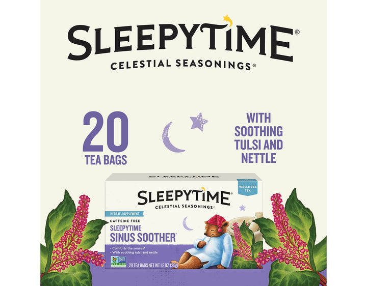 Sleepytime Sinus Soother Wellness Tea; SLEEPYTIME®
CELESTIAL SEASONINGS®
20 TEA BAGS
WITH SOOTHING TULSI AND NETTLE