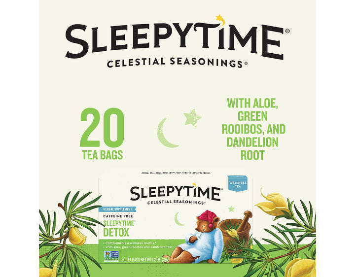 Sleepytime Detox Wellness Tea; SLEEPYTIME®
CELESTIAL SEASONINGS®
20 TEA BAGS
WITH ALOE, GREEN ROOIBOS, AND DANDELION ROOT