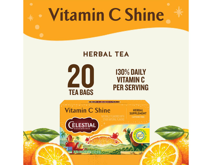 Vitamin C Shine Herbal Tea; Vitamin C Shine
HERBAL TEA
20 TEA BAGS
130% DAILY VITAMIN C
PER SERVING