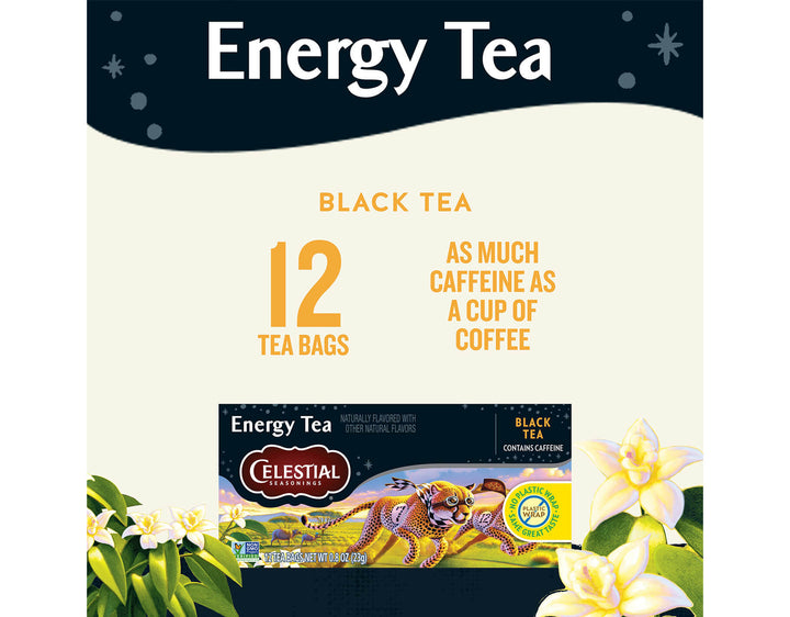 Black Energy Tea; Energy Tea
12 TEA BAGS
BLACK TEA
AS MUCH
CAFFEINE AS A CUP OF COFFEE
