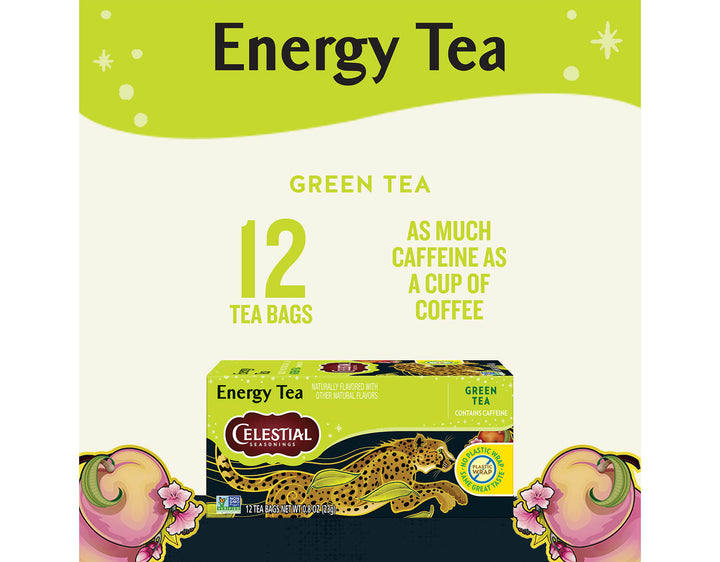 Green Energy Tea; Energy Tea
GREEN TEA
12 TEA BAGS
AS MUCH
CAFFEINE AS A CUP OF COFFEE