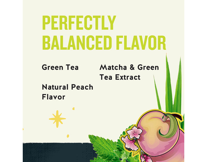 Green Energy Tea; PERFECTLY
BALANCED FLAVOR
Green Tea
Matcha & Green
Tea Extract
Natural Peach
Flavor