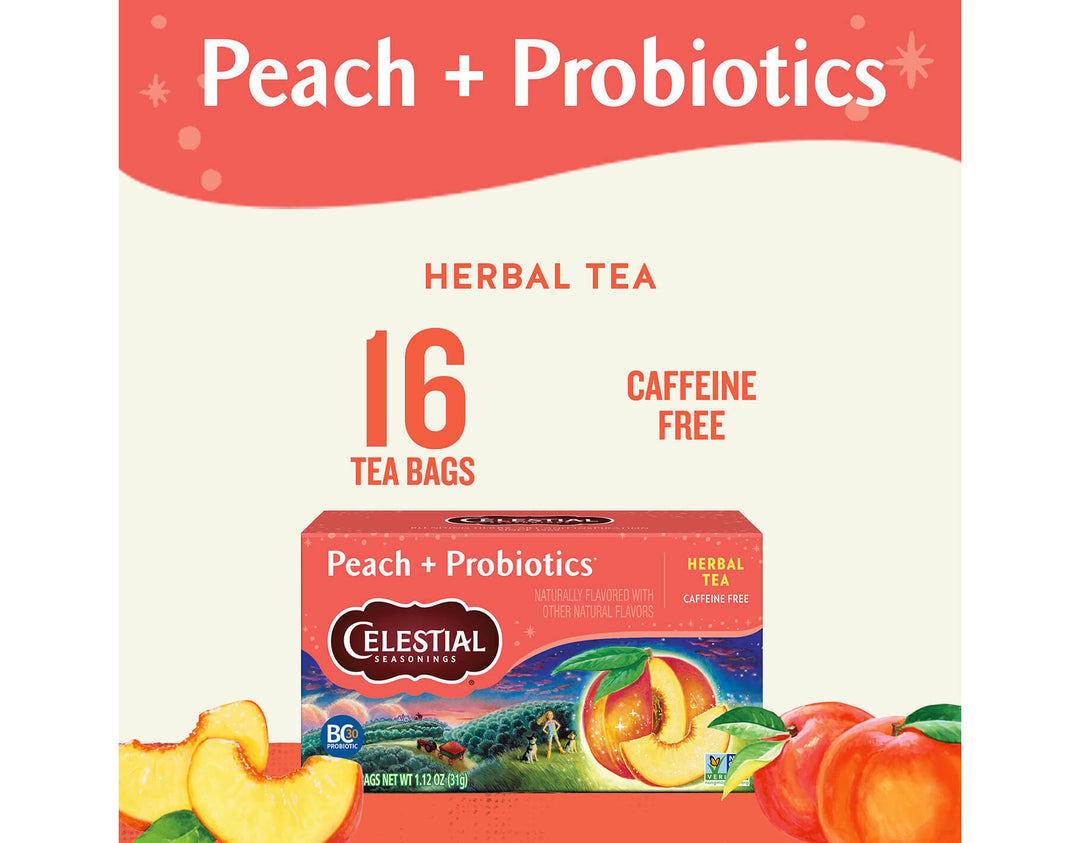 Peach + Probiotics Herbal Tea; Peach + Probiotics
HERBAL TEA
16 TEA BAGS
CAFFEINE FREE