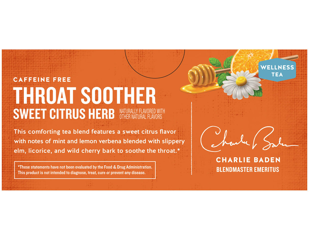 Orange tea box labeled "Throat Soother Sweet Citrus Herb." Features honey, orange, chamomile images, and Charlie Baden's signature. Text highlights soothing ingredients.