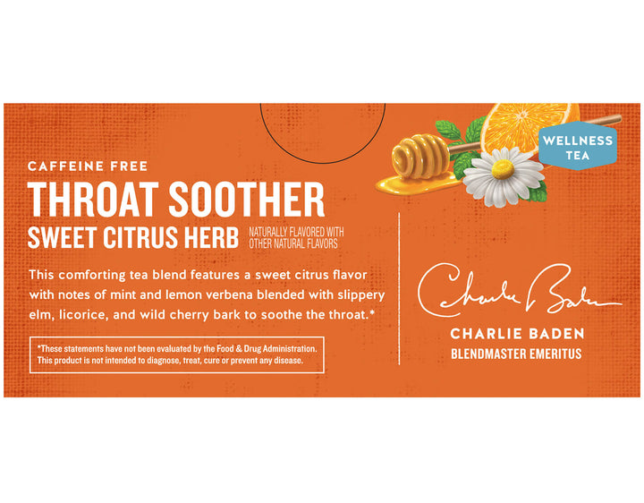 Orange tea box labeled "Throat Soother Sweet Citrus Herb." Features honey, orange, chamomile images, and Charlie Baden's signature. Text highlights soothing ingredients.