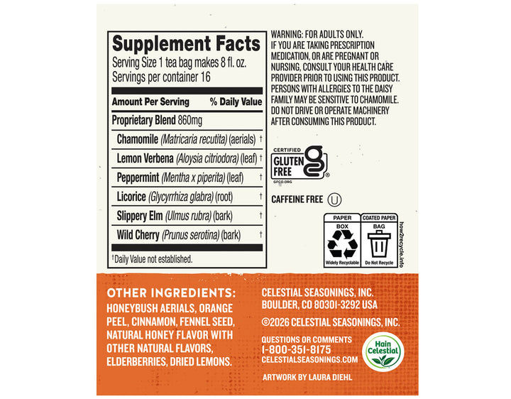Supplement facts label for herbal tea. Shows ingredients like chamomile and peppermint. Gluten-free, caffeine-free. Includes safety warnings and recycling info.
