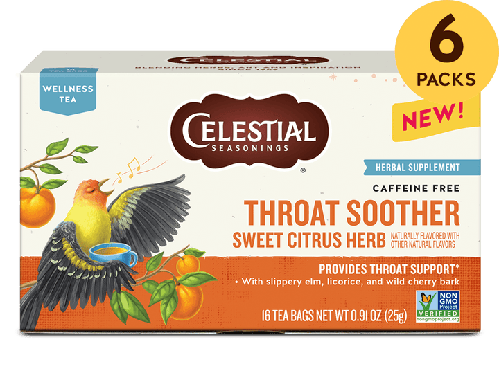 6 packs texts on the top right. Celestial Seasonings Throat Soother tea box featuring a singing bird with citrus fruits. Labels highlight "sweet citrus herb" and "caffeine-free."