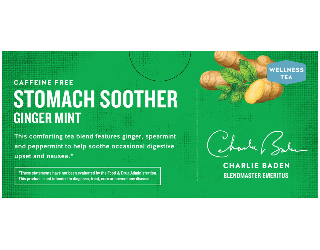 Green tea box labeled "Stomach Soother Ginger Mint." Includes images of ginger roots and mint leaves. Text highlights soothing properties for digestion.
