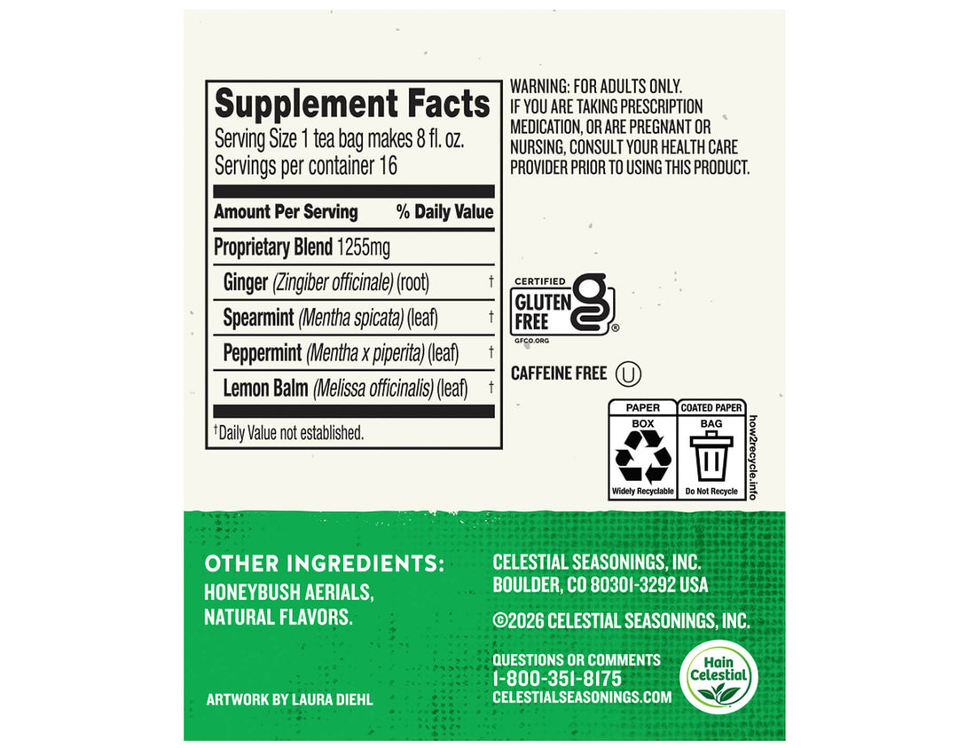 Tea packaging label showing supplement facts and ingredients: ginger, spearmint, peppermint, lemon balm. Gluten-free, caffeine-free, recyclable. Celestial Seasonings.