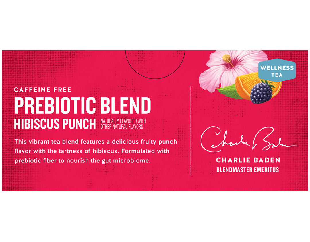 Bright red tea label for a caffeine-free prebiotic hibiscus punch blend. Includes vibrant fruit and flower images, and signature of the blend master.