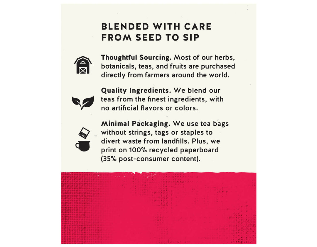 Tea packaging description highlighting eco-friendly practices. Includes thoughtful sourcing, quality ingredients, and minimal packaging using recycled materials. Icons accompany each feature, with a red textured section at the bottom.