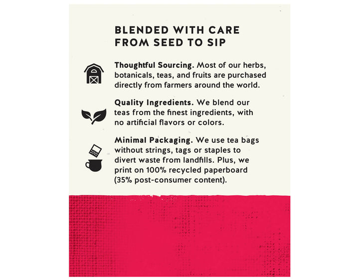 Tea packaging description highlighting eco-friendly practices. Includes thoughtful sourcing, quality ingredients, and minimal packaging using recycled materials. Icons accompany each feature, with a red textured section at the bottom.