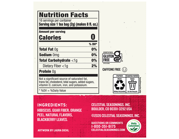 Tea box panel showing nutrition facts: 0 calories, gluten-free, caffeine-free. Ingredients include hibiscus, orange peel. Contact info for Celestial Seasonings.