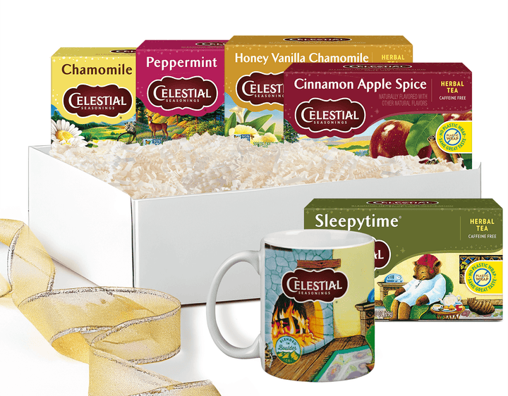 Celestial Seasonings tea boxes and a mug called Herbal Favorites Tea & Mug Gift Set with gold ribbon and white box