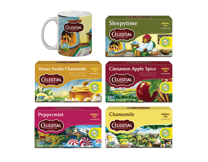 Celestial Seasonings tea boxes and a mug called Herbal Favorites Tea & Mug Gift Set