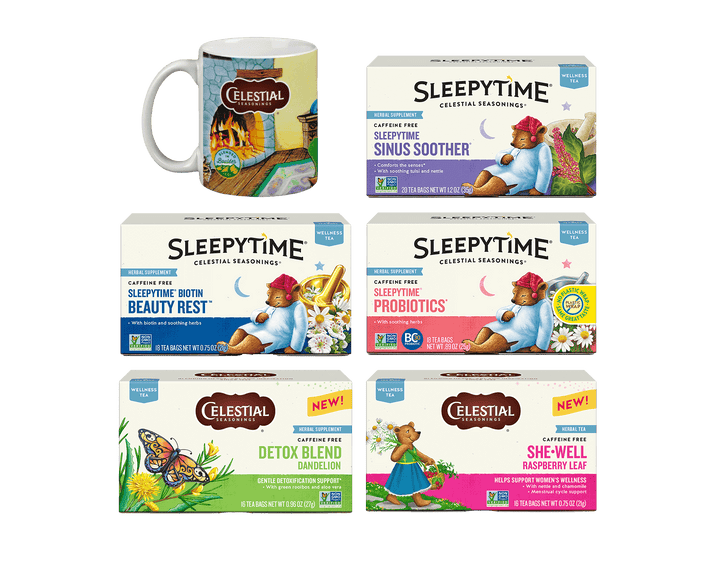 Celestial Seasonings Sleepytime tea packages and a mug called Mindful Moments Tea & Mug Gift Set