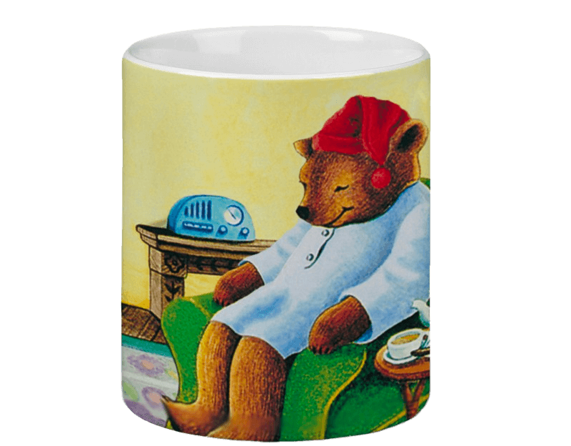 A cozy bear wearing pajamas and a red nightcap, comfortably napping in a chair. A table holds a blue radio and a teacup, conveying a relaxed, serene scene.