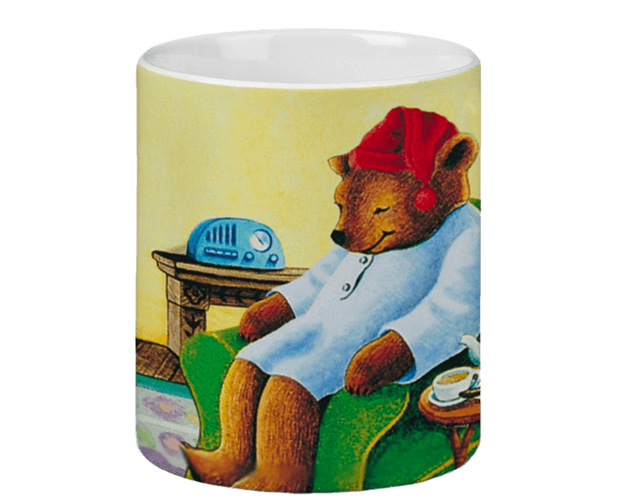 A cozy bear wearing pajamas and a red nightcap, comfortably napping in a chair. A table holds a blue radio and a teacup, conveying a relaxed, serene scene.