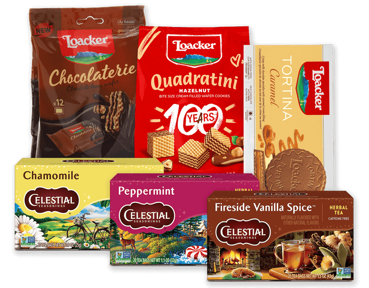 Collection of various snack and tea packages including Loacker and Celestial