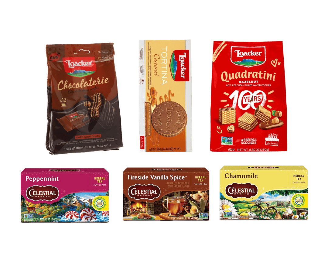 Collection of various snack and tea packages including Loacker and Celestial